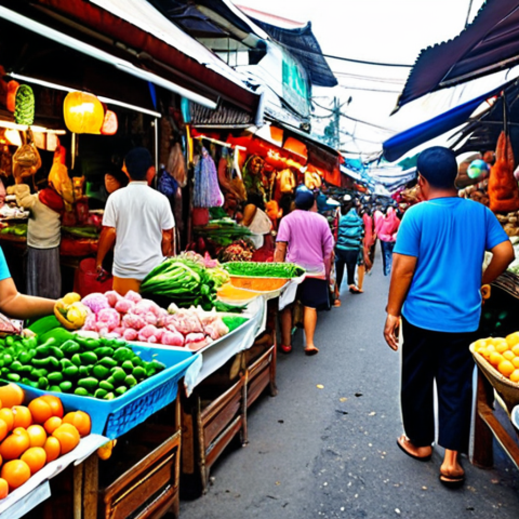 **A vibrant Thai market scene.** Focus on the bustling energy with lots of colorful fruits, vegetables, street food vendors, and happy Thai people interacting. The colors should be bright and inviting.