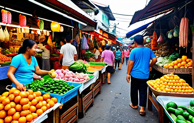 **A vibrant Thai market scene.** Focus on the bustling energy with lots of colorful fruits, vegetables, street food vendors, and happy Thai people interacting. The colors should be bright and inviting.