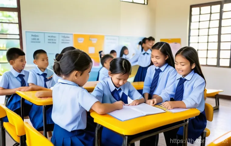 국어 교수법 최신 트렌드 - **Prompt:** A vibrant and modern Thai elementary school classroom, filled with a diverse group of jo...