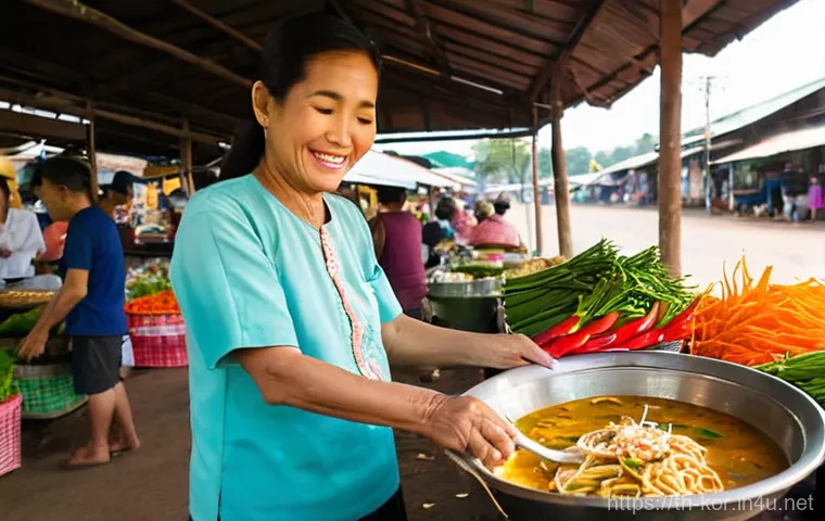 사투리와 표준어 비교 - **Prompt 1: Northern Thai Market Delights**
A heartwarming scene at a traditional morning market...