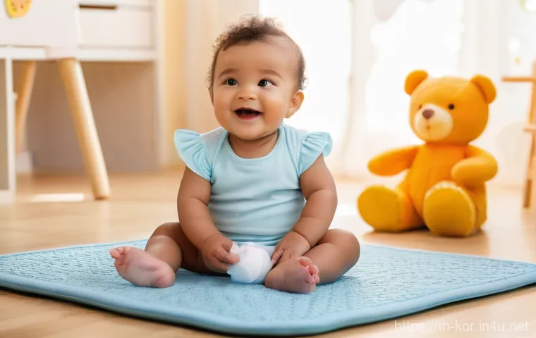국어 어문 규정 정리 - A cheerful baby, approximately 10 months old, sitting on a soft, brightly colored playmat. The baby ...