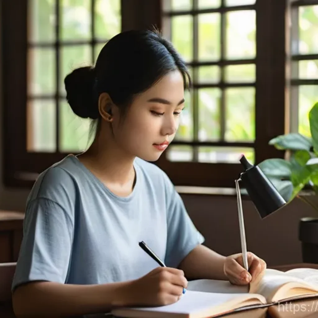 국어 시험 고득점 전략 - **Prompt:** A young Thai woman, in her early twenties, is deeply focused on studying at a clean, mod...