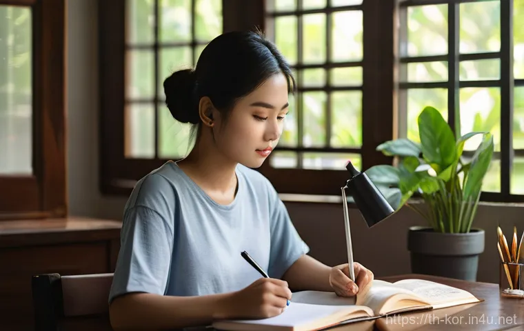 국어 시험 고득점 전략 - **Prompt:** A young Thai woman, in her early twenties, is deeply focused on studying at a clean, mod...