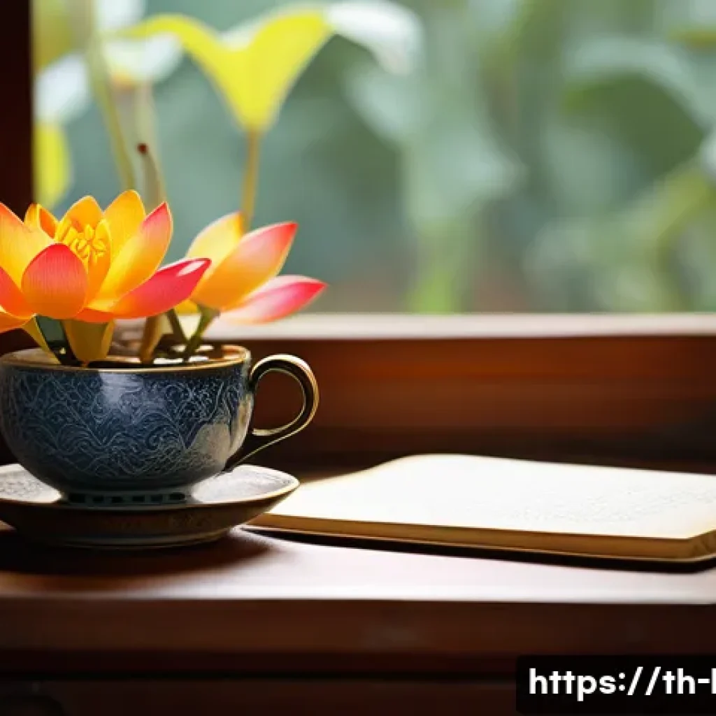 국어 작문에서의 수사학 활용 - A vibrant, cozy Thai writer's desk scene bathed in warm natural sunlight filtering through a window,...