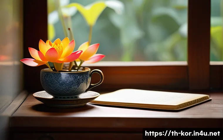 국어 작문에서의 수사학 활용 - A vibrant, cozy Thai writer's desk scene bathed in warm natural sunlight filtering through a window,...