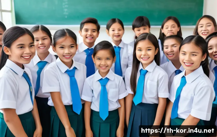국어와 연극 교육의 접점 - A diverse group of Thai students performing a lively classroom drama scene, wearing colorful school ...