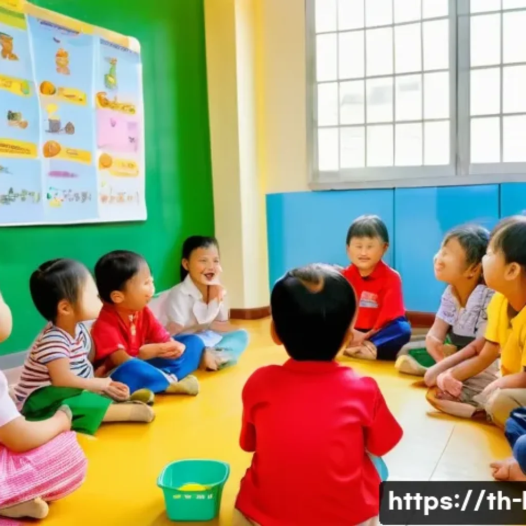 국어 어휘 교육에서의 연상 학습법 - A cheerful classroom scene in a Thai kindergarten where young children wearing colorful clothes and ...