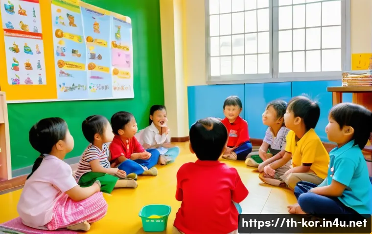국어 어휘 교육에서의 연상 학습법 - A cheerful classroom scene in a Thai kindergarten where young children wearing colorful clothes and ...