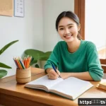 Home 22 국어 문장 구조 분석 - A cheerful Thai language student sitting at a wooden desk in a cozy home study room, surrounded by c...
