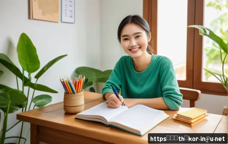 국어 문장 구조 분석 - A cheerful Thai language student sitting at a wooden desk in a cozy home study room, surrounded by c...