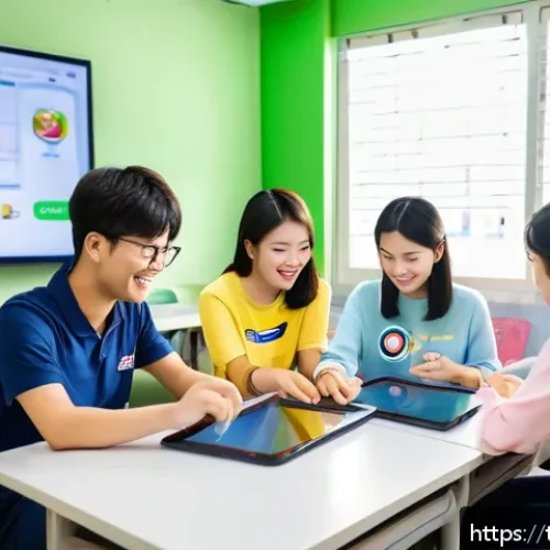 Home 33 국어 수업 계획 작성법 - A lively classroom scene in a modern Thai language school where teenagers are enthusiastically using...