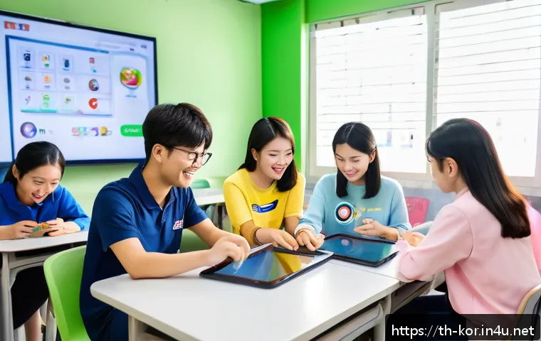국어 수업 계획 작성법 - A lively classroom scene in a modern Thai language school where teenagers are enthusiastically using...