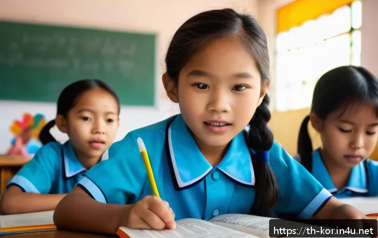 국어 교육에서의 감성 교육 활용 - A vibrant classroom scene in a Thai elementary school, where young children aged 7-9 sit attentively...