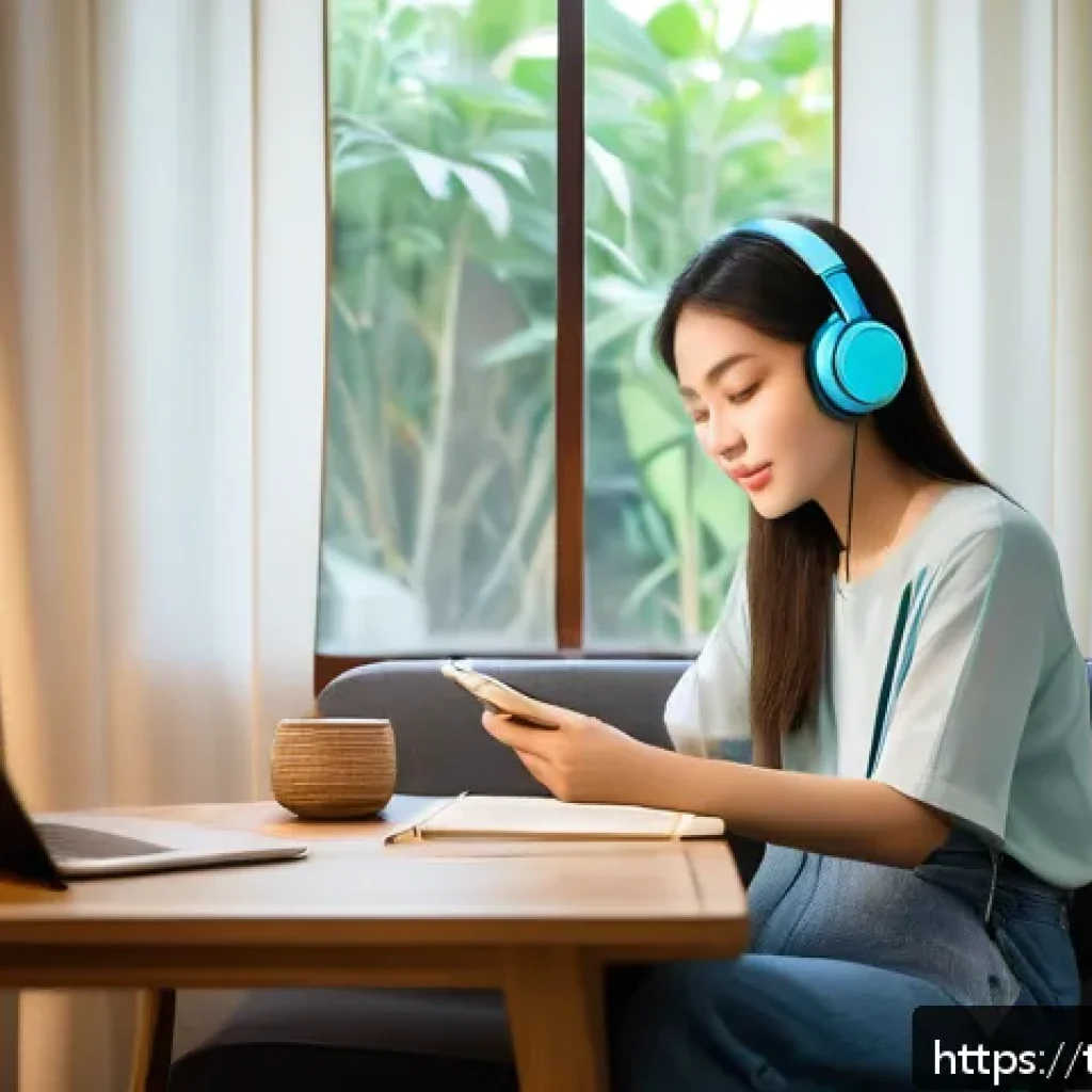 국어 듣기 능력 향상법 - A young Thai woman sitting comfortably in a cozy living room, wearing casual modern clothes and head...