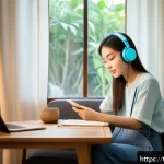 Home 19 국어 듣기 능력 향상법 - A young Thai woman sitting comfortably in a cozy living room, wearing casual modern clothes and head...