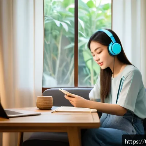 Home 31 국어 듣기 능력 향상법 - A young Thai woman sitting comfortably in a cozy living room, wearing casual modern clothes and head...