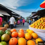 Home 18 국어 문법의 지역별 차이 분석 - A vibrant street scene in southern Thailand featuring local market vendors wearing traditional Thai ...
