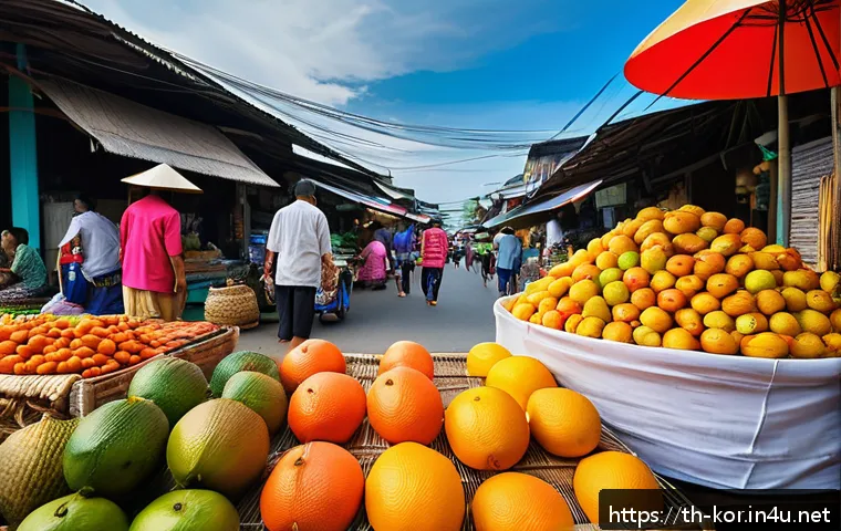 국어 문법의 지역별 차이 분석 - A vibrant street scene in southern Thailand featuring local market vendors wearing traditional Thai ...