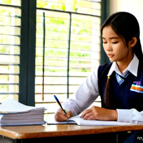 국어 작문 스타일 분석 - Photorealistic Thai high school classroom, a focused teenage student in a neat school uniform analyz...
