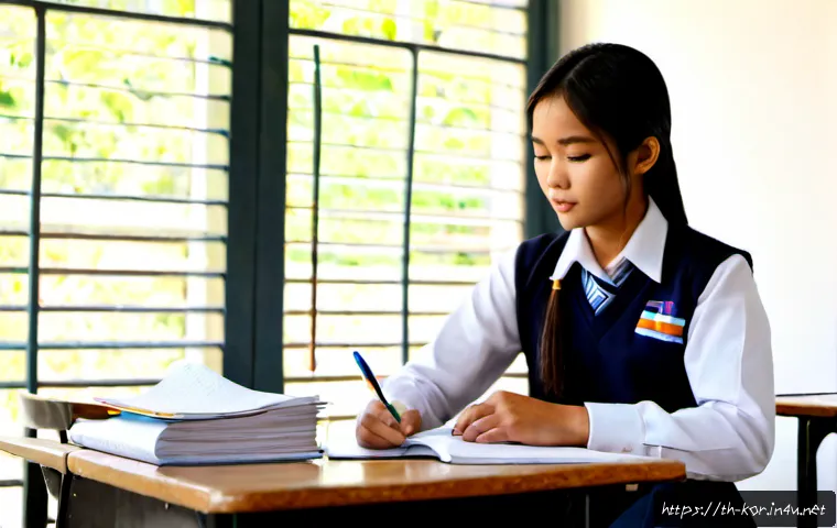 국어 작문 스타일 분석 - Photorealistic Thai high school classroom, a focused teenage student in a neat school uniform analyz...