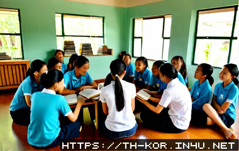 Home 17 국어 독서 클럽 운영법 - Photorealistic Thai middle-school reading club in a bright community library, diverse students seate...